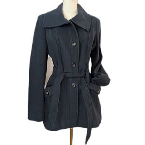 Jason Kole Navy Wool Blend Belted Coat Large Tailored Peacoat Style